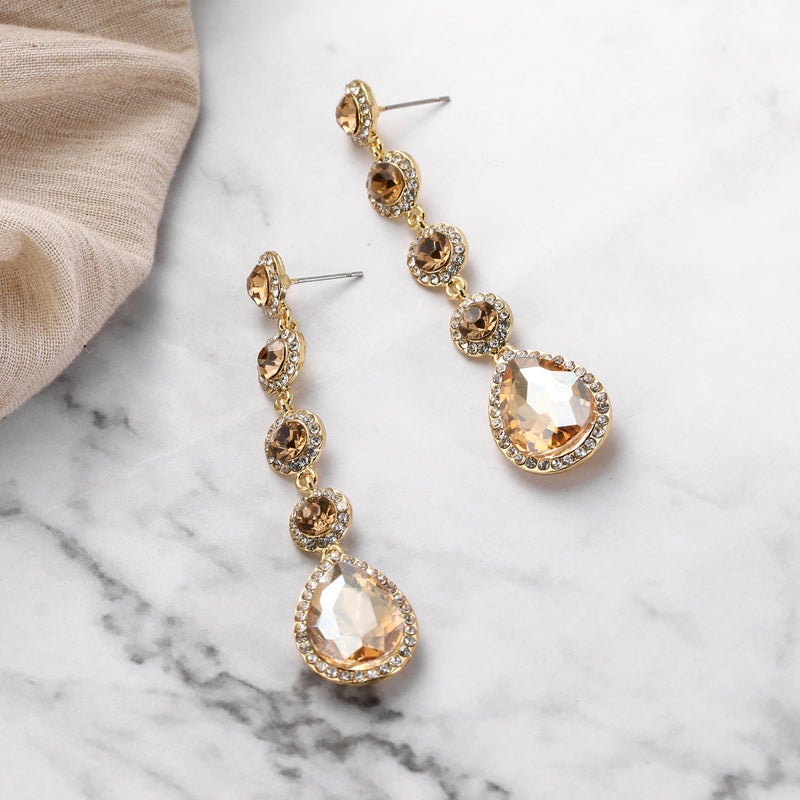 BriLove Statement Long Dangle Jewelrys for Women Elegant Crystal Teardrop Chandelier Big Earring for Party Prom Accessories Champagne - Image 5
